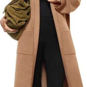 Womens Long Sleeve Maxi Cardigan Open Front Oversized Knitted Sweater Coat Casual Lapel Warm Overcoat with Pockets